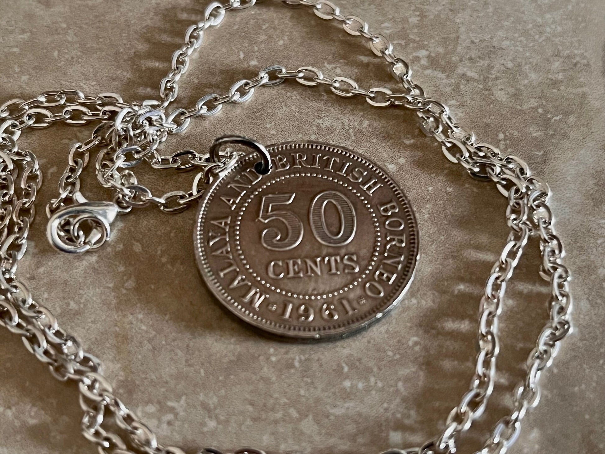 Malaya & British Borneo Coin Necklace 50 Cents Pendant Personal Vintage Handmade Jewelry Gift Friend Charm For Him Her World Coin Collector