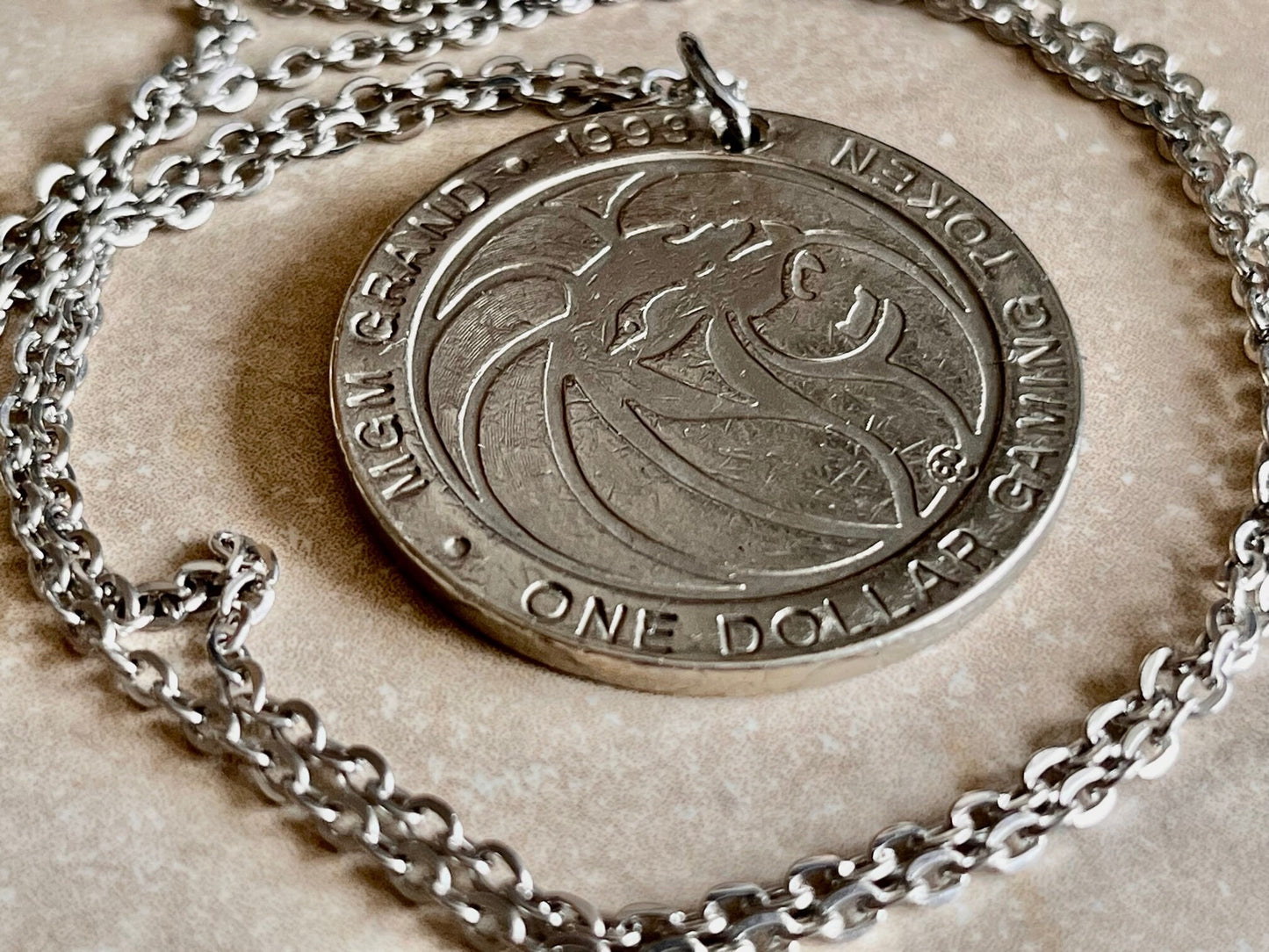 MGM Grand Gaming Token Coin Necklace Pendant Necklace Personal Vintage Handmade Jewelry Gift Friend Charm For Him Her World Coin Collector