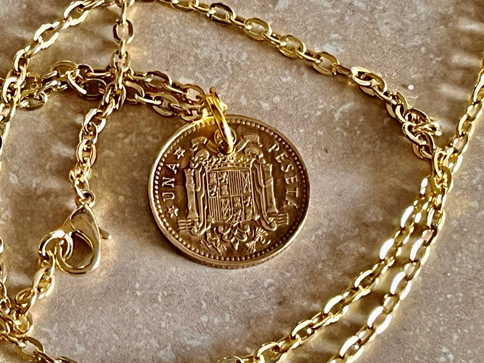 Spain Coin Necklace Spanish One Una PTAS Peseta Personal Pendant Handmade Jewelry Gift Friend Charm For Him Her World Coin Collector