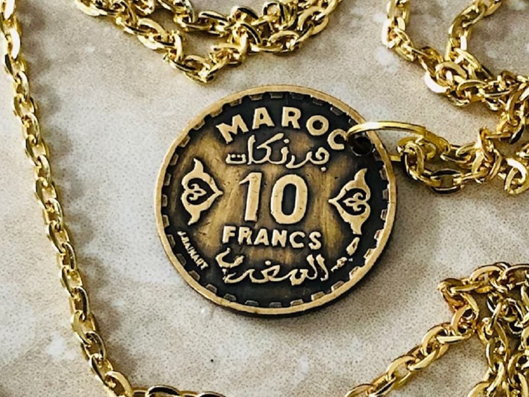 Morocco Coin 10 Francs Moroccan Pendant Personal Necklace Old Vintage Handmade Jewelry Gift Friend Charm For Him Her World Coin Collector
