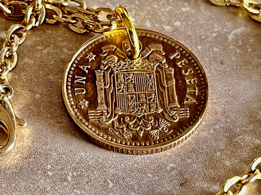 Spain Coin Necklace Spanish One Una PTAS Peseta Personal Pendant Handmade Jewelry Gift Friend Charm For Him Her World Coin Collector