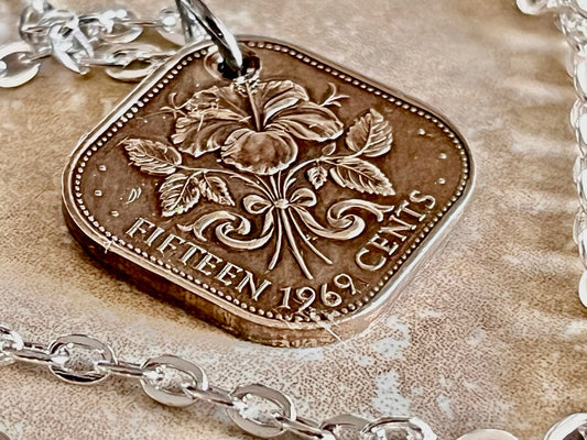 Bahamas Coin Necklace 15 Cents Square Coin Pendant Personal Old Vintage Handmade Jewelry Gift Friend Charm For Him Her World Coin Collector