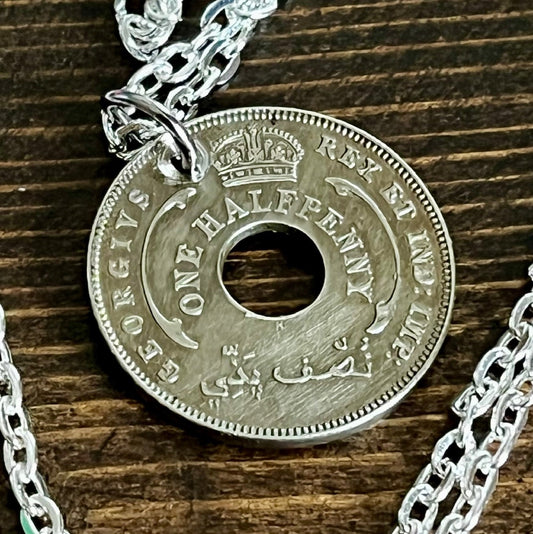 West Africa Coin Necklace One Half Penny Pendant Personal Vintage Handmade Jewelry Gift Friend Charm For Him Her World Coin Collector