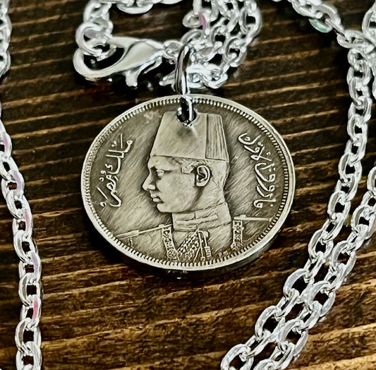 Egypt Coin Necklace Egyptian Pendant 5 Milliemes - Farouk Vintage Handmade Jewelry Gift Friend Charm For Him Her World Coin Collector